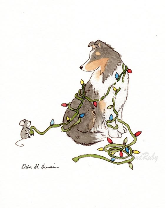 "This tricolor sheltie is in a bit of a tangle... but he sure looks merry! details: *each print comes signed by artist Debra St. Germain *unframed, portrait (vertical) print *printed using vibrant, pigment inks on archival matte papers with a smooth matte finish *5x7\\", 8x10\', and 11x14\\" sizes ship flat in an archival, cellophane sleeve *larger sizes come rolled in a mailing tube *printed in the USA *worldwide shipping available (please contact your country\'s custom office for any additional fe