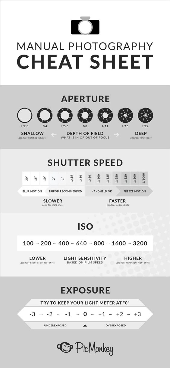 Your ultimate photography cheat sheet guide. Complete with info about aperture and how it relates to depth of field, shutter speed, ISO, and exposure. All the essentials.