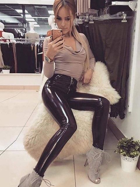Women Latex PU Leather Trousers Skinny High Waist Leggings Wet Look Pencil Pants