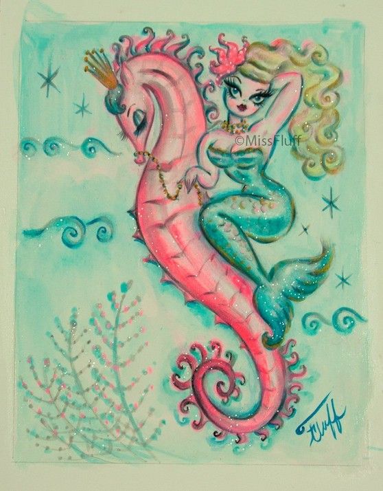 Blonde Mermaid Riding A Pink Seahorse Princess Original Drawing 8x10 Arts Entertainment Miss Fluff S Bouti Mermaid Painting Original Drawing Mermaid Art