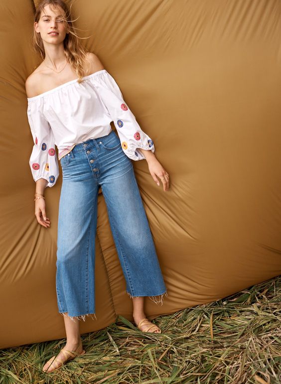 madewell wide-leg crop jeans worn with embroidered off-the-shoulder top + the boardwalk multistrap sandal.