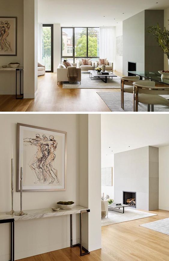 A Modern Minimalist Fireplace Surround Contributes To The Quiet Serenity Of This Living Room