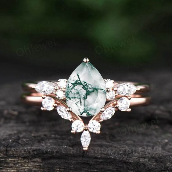Pear Shaped Moss Agate Engagement Ring Set Vintage Moss Agate - Etsy