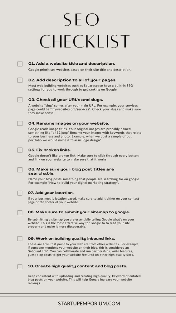 An beige SEO checklist numbered one to ten