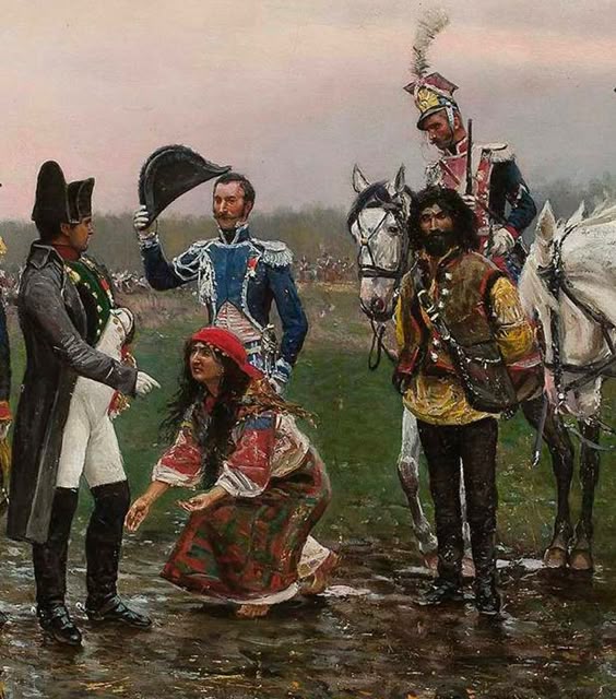 "Do you have information"? Napoleon with locals on the way to Russia, 1812. Stanislaw Wolski (detail)