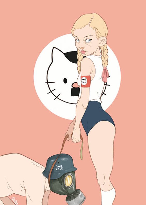 Chica adolescente. Tras ella se ve una imagen de Hello Kitty con un bigote a lo Hitler. La chica va vestida con poca ropa, pero recuerda a las juventudes hitlerianas. De una correa lleva a un hombre desnudo, arrodillado y con una máscara de gas.