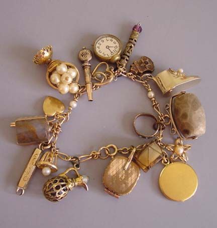 Design your own photo charms compatible with your pandora bracelets. CHARM bracelet with watch key, granite roller, turquoise baby ring, mop drum, Mary Louise engraved heart locket, agate fobs, sterling vermeil baby shoe and other charms.