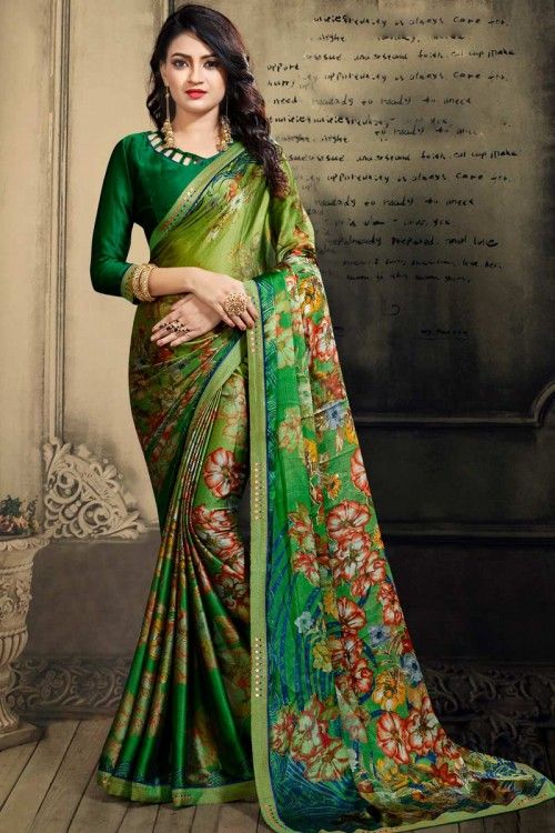 Women Traditional Indian Designer Sari Ethnic Print Fancy Chiffon Saree Blouse