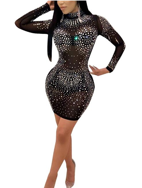 Aro Lora Womens Mesh Halter Hollow Out See-Through Hot Drilling Mini Club Dress Aro Lora Womens Mesh Halter Hollow Out See-Through Hot Drilling Mini Club Dress