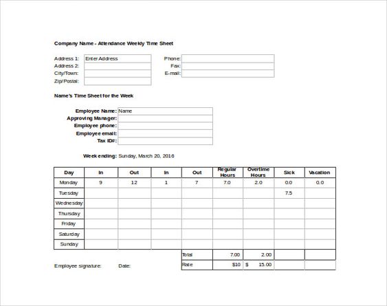 Minimalist Template of Weekly Attendance Sheet in Excel for - free payslip template south africa Minimalist Template of Weekly Attendance Sheet in Excel for - free payslip template south africa