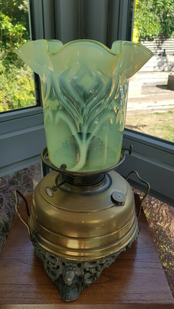 Original Victorian Yellow Green Vaseline Glass Oil Lamp Shade Huge Heater Lamps Antique Heater Lamp Victorian Oil Lamps, Large Hurricane Lamp Vaseline Glass