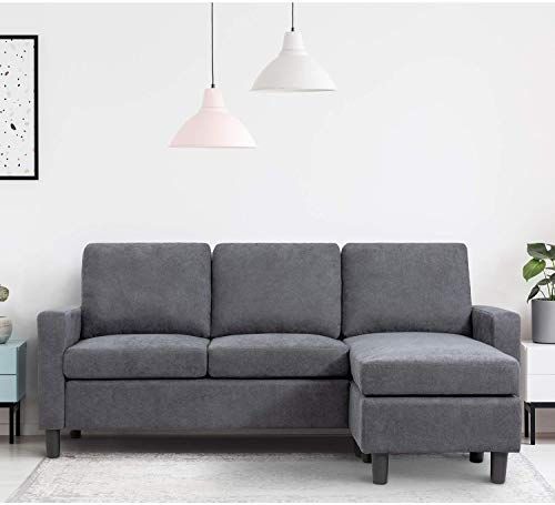 Dark Grey L-Shaped Couch with Modern Linen Fabric for Small Space Convertible Sectional Sofa Couch with Reversible Chaise