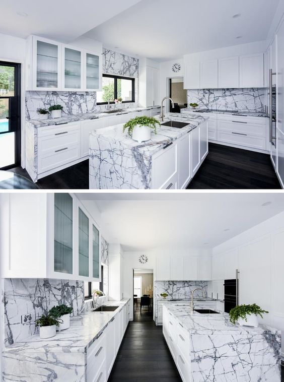 This Kitchen With A Grey Marble Countertop Is Full Of Storage And Organization Ideas