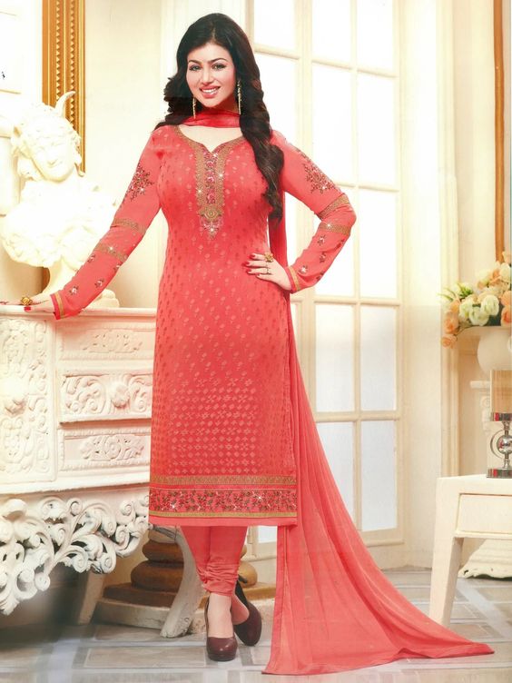 Georgette - Georgia-Peach Ayesha-Takia Straight Long Churidar Salwar Kameez Suit with Floral Zari-Embroidery