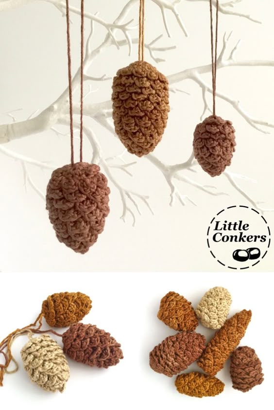 Hand-crocheted hanging pinecone ornaments in ethically-produced, hand-dyed bamboo yarn.