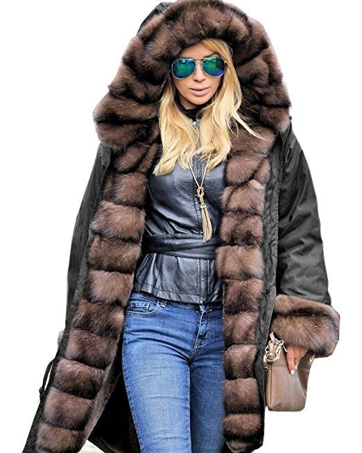 Roiii Frauen Luxus Winter lange warme starke Parka Brown Damen Fell Jacke Mantel Kunstpelz Parka | Jacken und Mäntel