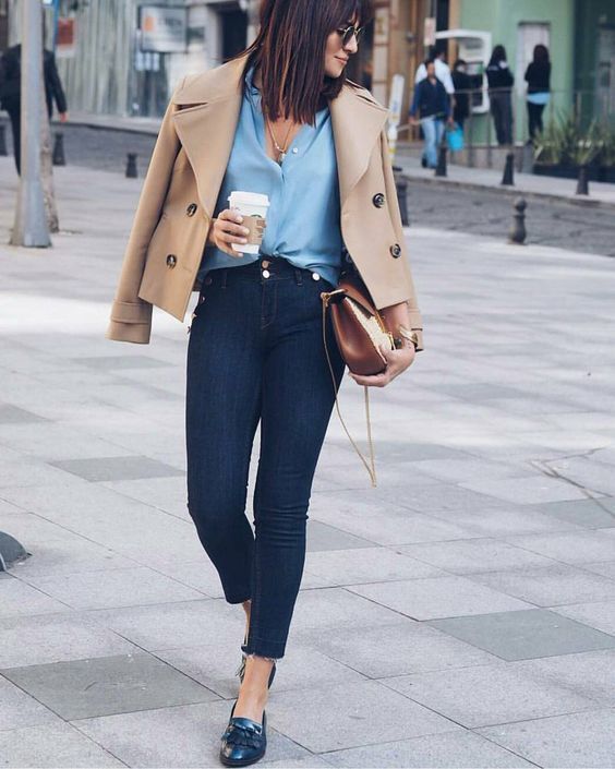 Women S Tan Pea Coat Light Blue Dress Shirt Navy Skinny Jeans Black Leather Loafers Fashion Work Outfit Beige Jacket Women S Tan Pea Coat Light Blue Dress, Light Navy Blue Pea Coats