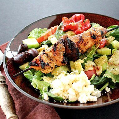 Mediterranean Salad with Grilled Chicken Skewers