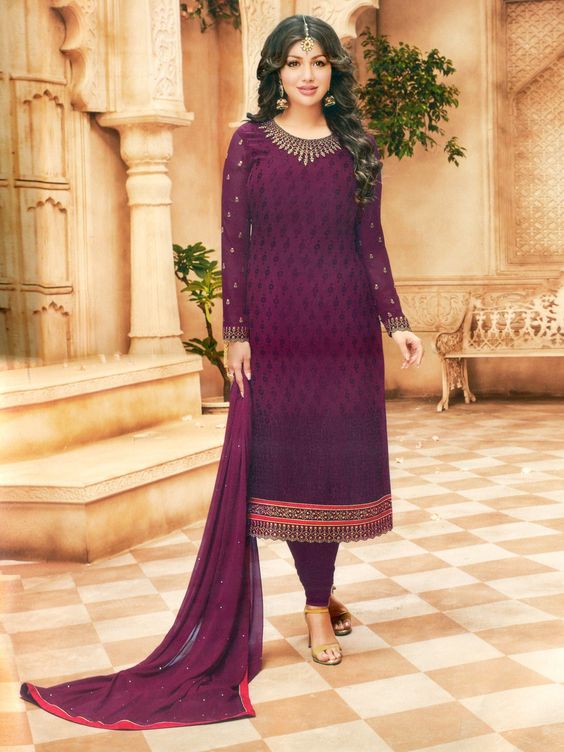 Georgette Brasso - Dark-Purple Ayesha-Takia Long Choodidaar Salwar Kameez Suit with Zari-Embroidery