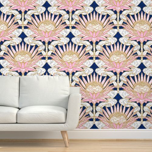 Blush King Protea Art Deco Midnight Protea Art Vintage Style Wallpaper Spoonflower Wallpaper