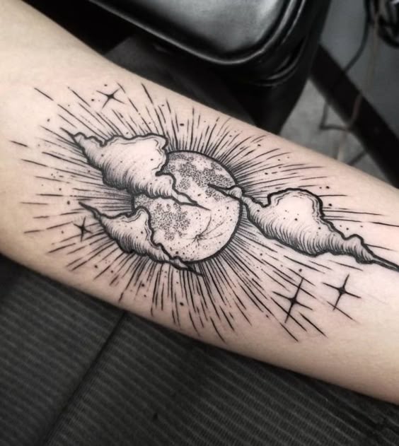 Sharp Lines Moon & Clouds Tattoo