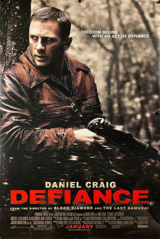 Condition: Very Good to Excellent. Never folded! Free shipping within the UK. A low flat rate for the rest of the world. Size: 69 cm x 102 cm (27 in x 40 in) A guaranteed original advance one sheet movie poster from 2008 for Edward Zwick\'s World War II thriller "Defiance", starring Daniel Craig, Liev Schreiber, Jamie Bell, Alexa Davalos and George MacKay. This fantastic, emotionally charged movie is based upon a book by Holocaust scholar (and Anne Frank award winning) Nechama Tec. Incredibly, it