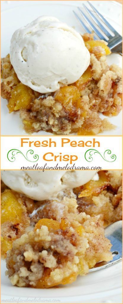 Fresh Peach Crisp is made from scratch with a crispy topping that doesn't contain oats. This easy summer dessert is a delicious way to celebrate peach season!