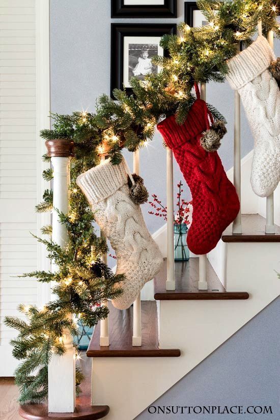 Christmas Entry Decor Garland Stockings Berries On Sutton Place Christmas Staircase Decor Christmas Stairs Decorations Christmas Staircase