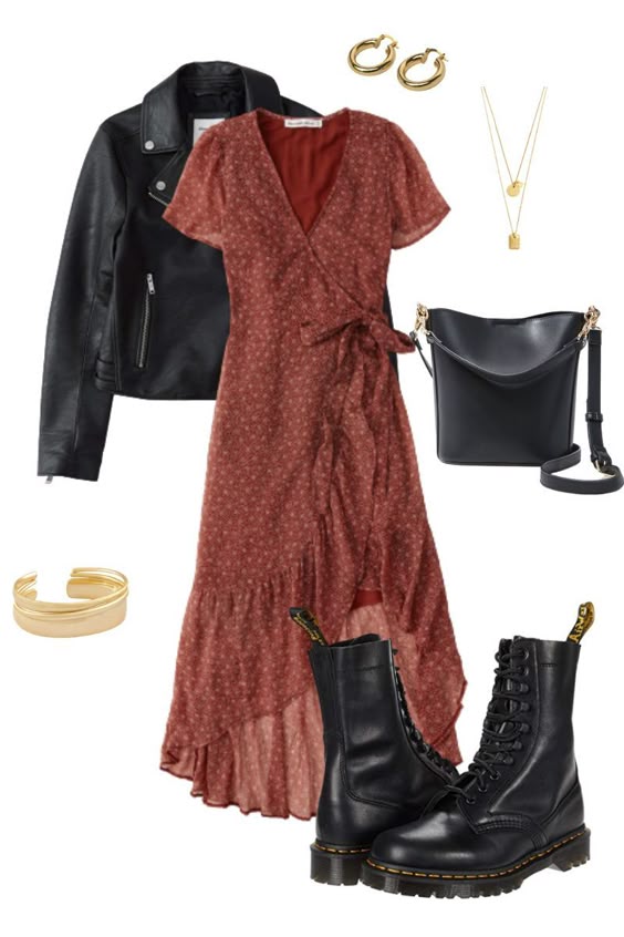 Leather Jacket & Patterned Dress Outfit Combinations |