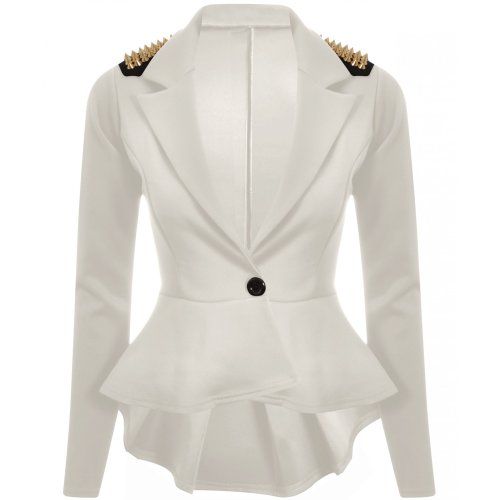 Womens Crop Frill Shift Slim Fit Fitted Peplum Blazer Cream 16