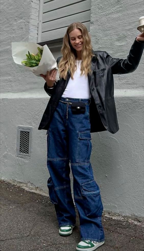 cargo pants outfit Navy Denim Cargo Pants with Black Leather Blazer