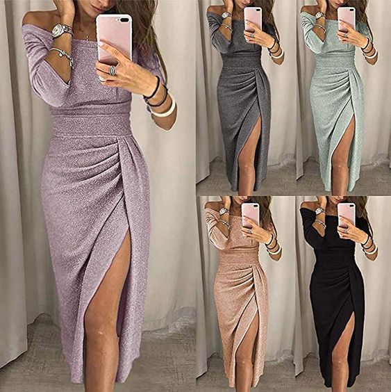 ORANDESIGNE Damen Off Shoulder Kleider für Hochzeit Sexy Elegant Maxikleider Glänzend Hoch Geschnitten Abendkleider Cocktailkleid Aprikose DE 34: Amazon.de: Bekleidung