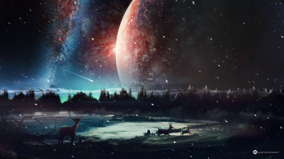 Deer Elk Desktopography Stars Space Snow Horns Planet Sky Artwork Digital Art Forest Planets Wallpaper Scenery Wallpaper World Wallpaper