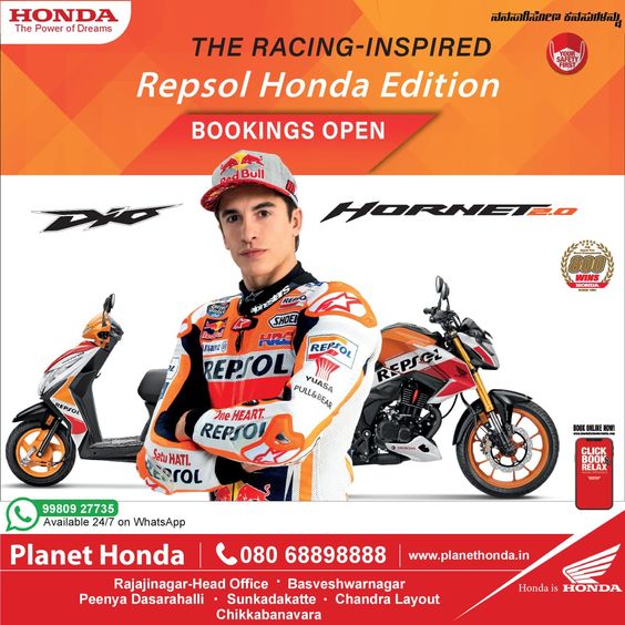 Presenting the all-new Honda Hornet 2.0 and Dio in the racing inspired a Repsol Honda Edition. Now race like a champion while you zoom around a traffic 𝐁𝐨𝐨𝐤𝐢𝐧𝐠𝐬 𝐨𝐩𝐞𝐧 𝐧𝐨𝐰! To know more, please visit https://planethonda.in or contact us on 08068898888. #HondaBikes