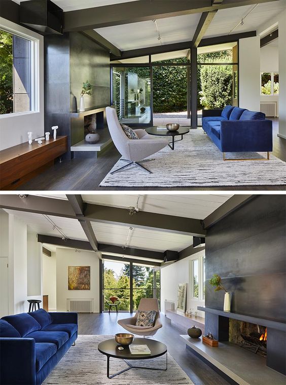 A Blackened Steel Fireplace Surround With A Concrete Hearth Is A Strong Look Inside This Mid-Century Modern House