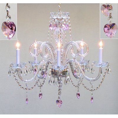 Murano 5 Light Crystal Plug In Chandelier with Pink Fabric Murano 5 Light Crystal Plug In Chandelier with Pink Fabric