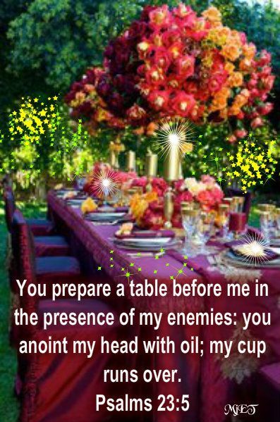 Psalm 23:5-6 (ESV) ~ You prepare a table before me in the presence of my enemies; you anoint my head with oil; my cup overflows. Surely goodness and mercy shall follow me all the days of my life, and I shall dwell in the house of the LORD forever.