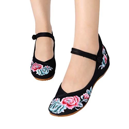CINAK Floral Embroidered Shoes for Women Comfortable Loafer Black Casual Round Toe Ballet Flats Shoes