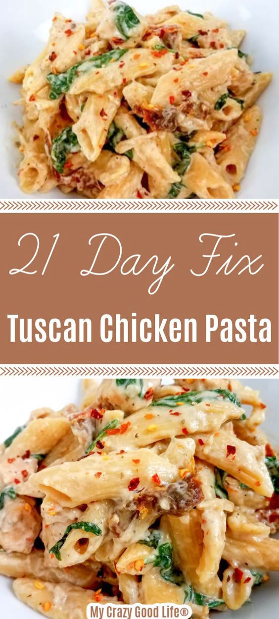This 21 Day Fix Tuscan Chicken Pasta is an easy and healthy dinner that your whole family will love! This creamy pasta recipe is perfect for an easy weeknight meal and can be quickly made in the Instant Pot, Crockpot or in a skillet! #21dayfix #21DF #healthydinner #instantpot #crockpot