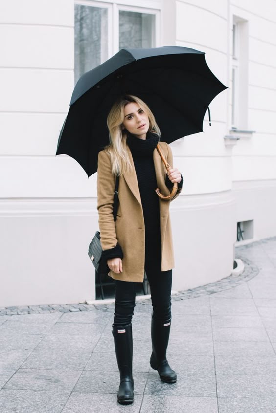 classic neutrals look; camel coat and hunters