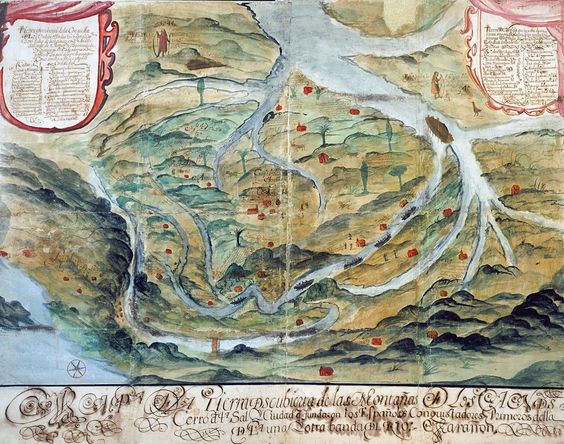 Mitos en los Andes. Este mapa documenta una zona ubicada en las riberas del rÃo Marañón, en Perú. Los indÃgenas aparecen vestidos en las zonas conquistadas y desnudos en las que están pendientes de conquistar. El explorador Salgado de Araujo lo usó para convencer a la Corona de que debÃa regresar a la zona: allÃ, describÃa, se podÃan encontrar âesmeraldas a racimosâ.