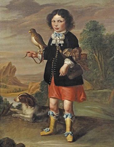 Portrait of a five-year-old boy, full-length, with a falcon and a dog before an extensive river landscape by Dutch School (17/18)