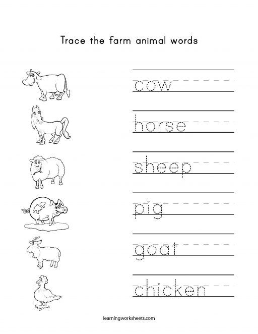 trace the farm animal words farm animals learning worksheets words