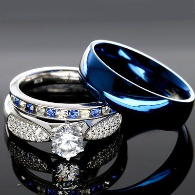 His & Hers 3piece STAINLESS STEEL, 925 STERLING SILVER Wedding Rings Set