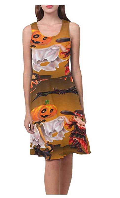 InterestPrint Womens Sleeveless Sundresses Halloween Ghosts Scoop Neck Flared Tank Dresseses XS-3XL
