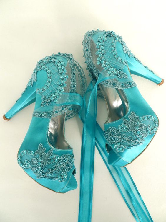 Wedding Shoes Teal Embroidered Lace Bridal by KUKLAfashiondesign