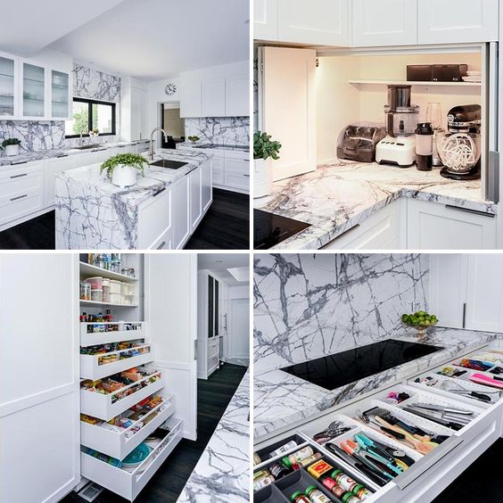 This Kitchen With A Grey Marble Countertop Is Full Of Storage And Organization Ideas