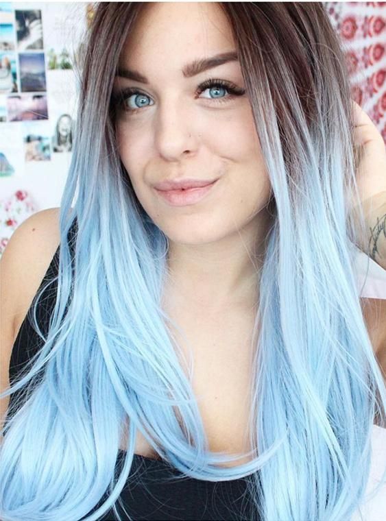 Long Black To Sky Blue Ombre Straight Synthetic Lace Front