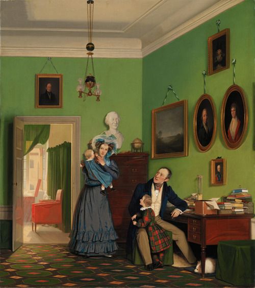 La familia Waagepetersen por Wilhelm Bendz, 1830 Dinamarca (Copenhague), Statens Museum for Kunst El hombre de negocios ocupado mira brevemente de su trabajo cuando su esposa y dos hijos de la pareja entrar en su oficina en casa de la familia en la tienda Strandstræde en Copenhague. El danés classWith medio de su manifestación clara de las presiones del trabajo manejado por el jefe de la familia, la imagen muestra los valores fundamentales para las clases medias daneses alrededor del año 1830: