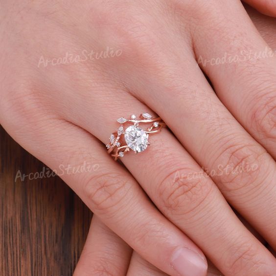 Vintage Oval Cut Moissanite Engagement Ring Set Uniqied Leaf - Etsy